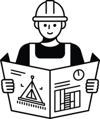 Construction worker reviewing blueprint architectural plan engineering drawings outline style design