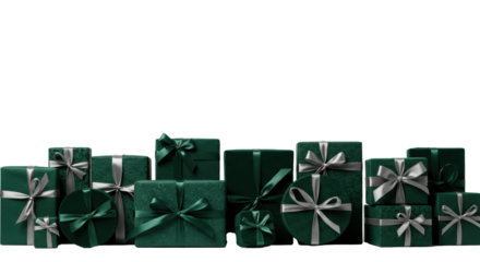 Numerous deep emerald green gift boxes, various shapes, velvet & metallic paper, bows, satin ribbons, arranged on transparent with copy space, soft studio light, concept of festive celebration and