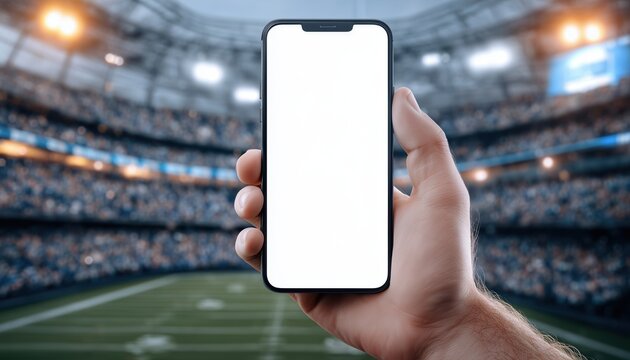 Male Hand Holding Smartphone With Blank Screen At American Football Stadium - Perfect For Sports Betting, Live Streaming, And Event Analysis Apps.