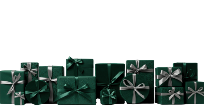 Numerous deep emerald green gift boxes, various shapes, velvet & metallic paper, bows, satin ribbons, arranged on transparent with copy space, soft studio light, concept of festive celebration and