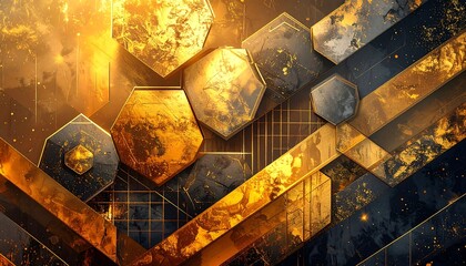 Abstract golden hexagonal shapes with textures on a dark background