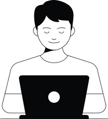 Man working on laptop with eyes closed in peace monochrome vector