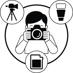 Photographer icon set representing photography camera video and memory card