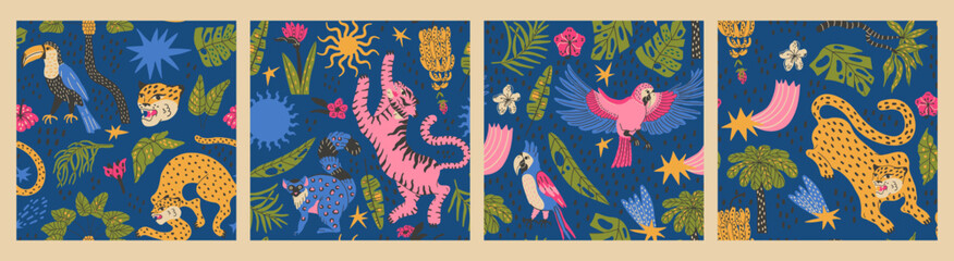 Naklejka premium Set seamless jungle design with tropical animals and funky palm pattern.