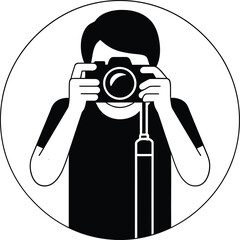 Photographer with camera aiming lens black and white vector illustration