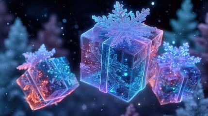 A central translucent gift box with ice crystal texture and glowing snowflake, flanked by smaller boxes against a snowy night backdrop, perfect for digital promotions.