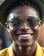 Smiling man wearing sunglasses and a stylish hat, radiating confidence