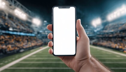 Ideal Image Of A Male Hand Holding A Smartphone With A Blank Screen At An American Football Stadium For Sports Betting Apps.