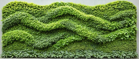 Lush green plants create wavy patterns on a living wall with varied foliage creating texture and depth.