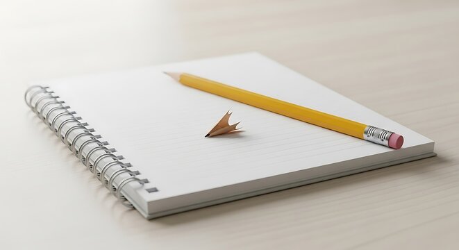 Yellow pencil resting on a spiral notebook with a small shaving piece on a light wooden desk, symbolizing creativity and simplicity.