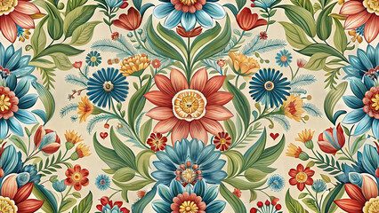 Bavarian folk floral pattern, European Western botanical ornament, colorful seamless flowers and leaves on cream background, vintage decorative vector for wallpaper fabric wrapping and surface design