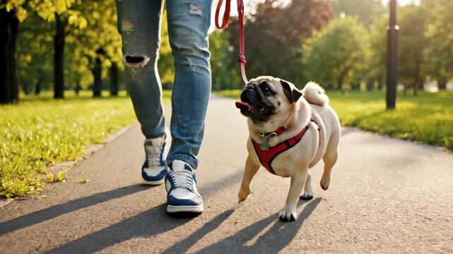 person walks cute pug dog in red harness on leash in sunny park. friendship and pet care concept. occupation of dogwalker. outdoor activity with copyspace for text.