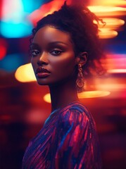 Stunning cinematic portrait of a confident woman in vibrant neon lights. Soft bokeh, rich colors, and dramatic mood create an elegant modern fashion and nightlife atmosphere.