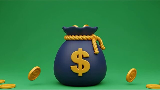 3D animated money bag with dollar sign and falling gold coins on green screen background