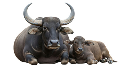 Adult Water Buffalo and Calf Resting Together Dark Brown Fur Large Horns Transparent Background