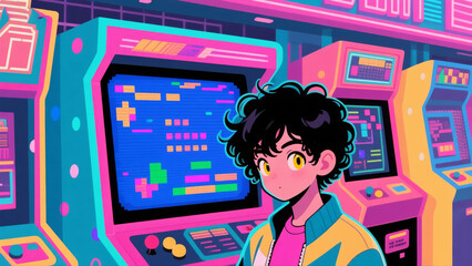 Cartoon characters in front of arcade machines