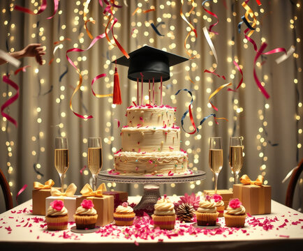 Graduation celebration with a festive cake, colorful decorations, and treats at a joyful party setting