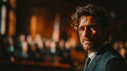 bearded man in tailored suit, rich brown and black tones, dramatic studio lighting, soft bokeh background,