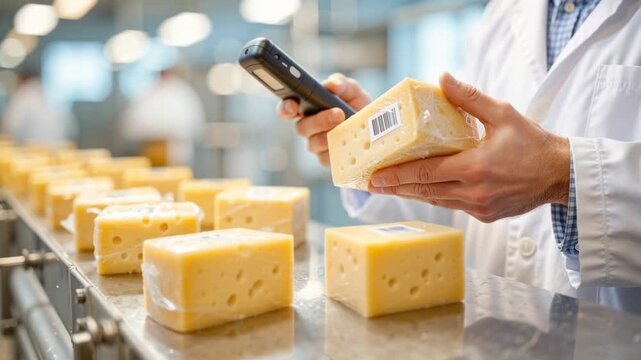close-up of a food factory worker scanning barcodes on packaged cheese blocks during quality control