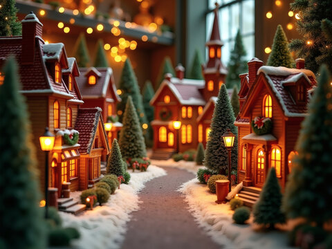 Charming holiday village illuminated by warm lights on a snowy evening scene