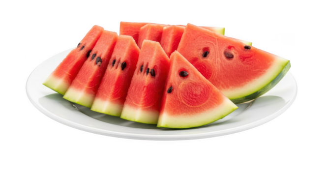 Freshly sliced watermelon wedges arranged on a white plate isolated on transparent background