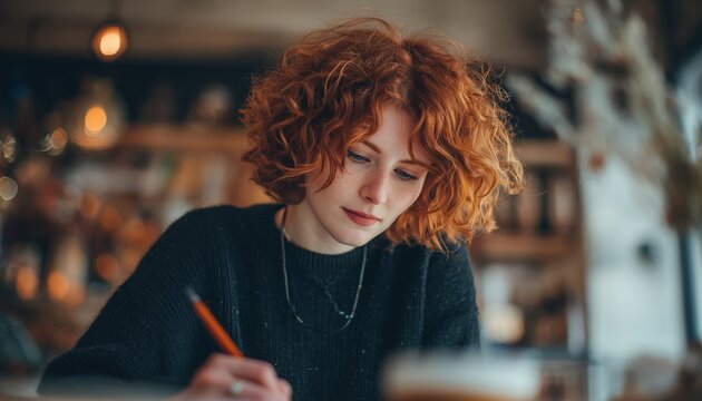 Young Woman With Curly Red Hair Engaged In Cafe Meeting Taking Notes With Emphasis On Modern Networking And Authentic Communication.