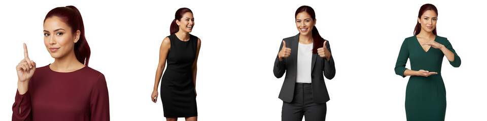 Diverse businesswomen cutouts, , with varied expressions. Isolated on transparent background, ideal for corporate presentations, team concepts, marketing materials, or HR visuals.