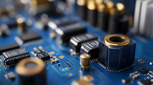 Circuit board close-up showcases intricate electronic components, copper traces, and technical precision. It reflects innovation in electronic engineering, technology advancements.