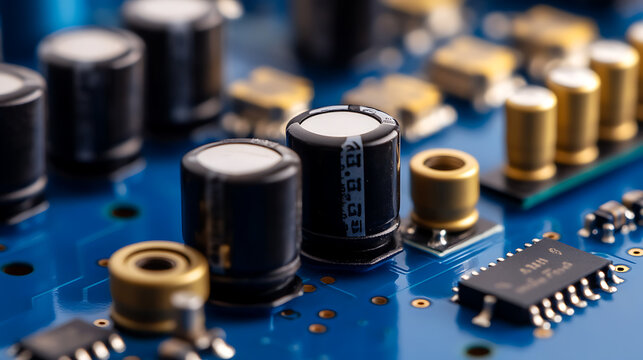 Close-up of a blue circuit board featuring electronic components like capacitors, resistors, and an integrated circuit. The image captures intricate details and highlights the tech aesthetic.
