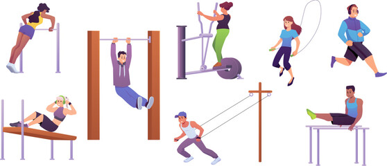 Cartoon man and woman doing sport exercises, training strength with sport equipment, street or gym workout vector set