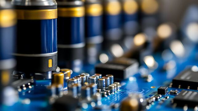 Detailed macro shot of a vibrant blue electronic circuit board adorned with an array of capacitors, chips, and resistors, highlighting the intricate details of modern technology. - Powered by Adobe