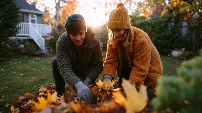 Couple enjoys a sunny autumn day while gardening in their backyard - Powered by Adobe