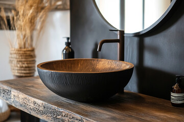 Rustic bathroom has vanity with stone sink. Natural interior design brings wood countertop emphasizing unique style and earthy tones. Elements natural.