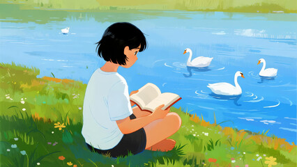 A girl reading a book by the lake