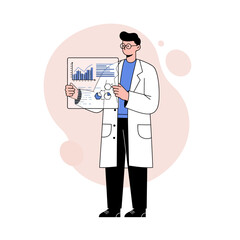 Scientist in a lab coat presenting data analysis on a board with charts and graphs, vector illustration for business or scientific reports