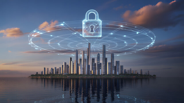 Secured digital city skyline with modern skyscrapers under protective network, representing cybersecurity, data privacy, and secure infrastructure innovation