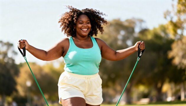 A smiling plus-size Black woman exercising with a resistance band outdoors. Happy curvy female working out in a park. Healthy lifestyle and body positivity concept - Powered by Adobe