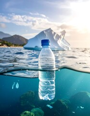 A plastic water bottle half submerged in ocean, iceberg in background
