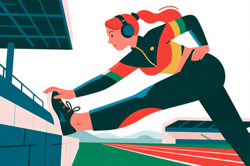 The person wearing headphones is stretching.