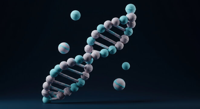 3D rendering of DNDouble helix structure. Genetics and biotechnology concept for medical research. Stylized molecular model on dark background