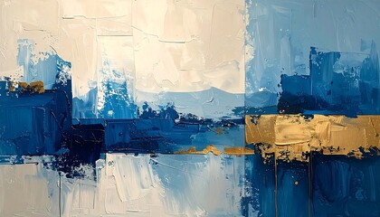 Abstract landscape of blues, whites, and gold, with thick paint strokes