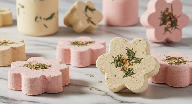 Handmade flower-shaped bath bombs with natural herbs on marble surface. Artisanal spa products for self-care and skincare. Wellness and aromatherapy concept
