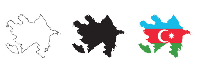 Azerbaijan map vector set with editable country outline black silhouette and national flag featuring blue red green stripes with white crescent and star for geography and education design use