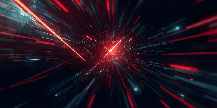 Abstract Cyberpunk Data Stream Tunnel with Red and Teal Lights