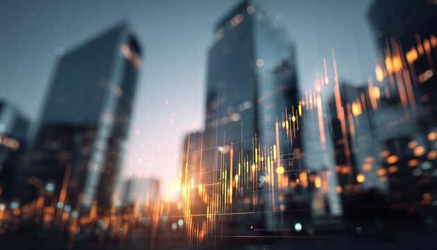 Multilayered Virtual Financial Graph Hologram Overlaying A Blurred Contemporary Office Building Backdrop, Showcasing Financial And Trading Concepts Through Multiple Exposures.