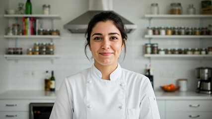 portrait of happy young hispanic woman chef in professional uniform smiling in modern kitchen. culinary arts and gastronomy concept for blog or social media.