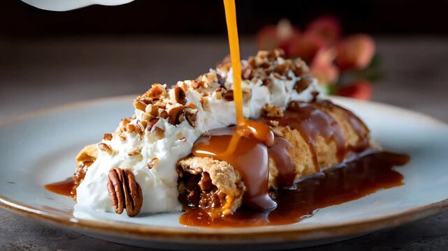 Delicious caramel crepe with whipped cream and pecan nuts being drizzled, 4k video