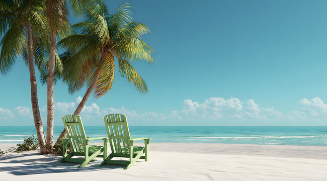 Green sunbeds on the beach - Powered by Adobe