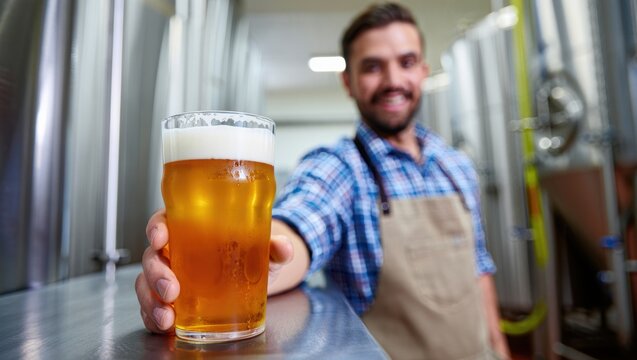 Man holding a glass of freshly brewed beer in a brewery setting - Powered by Adobe