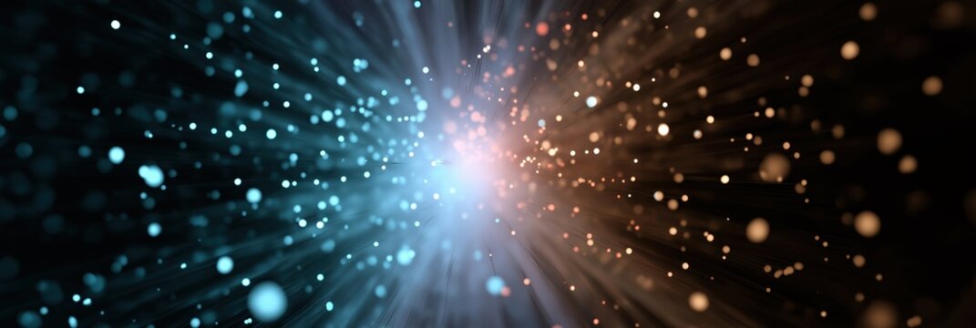 Dynamic abstract burst of blue and orange light with glowing particles